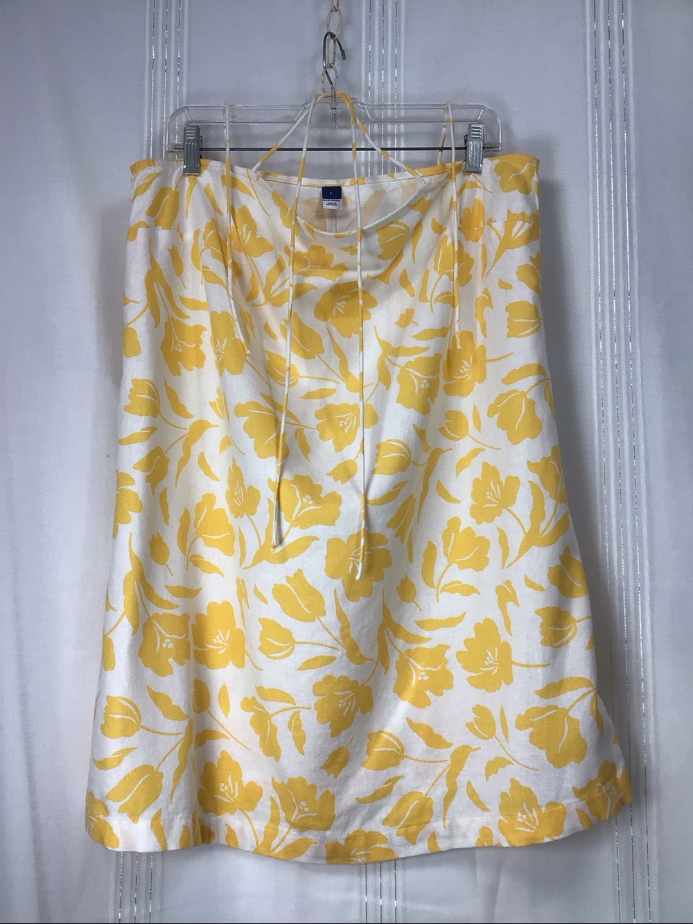 Old Navy Resort Mini Dress Linen Blend White Yellow Self Tie Shoulder Sz.L - Picture 11 of 11